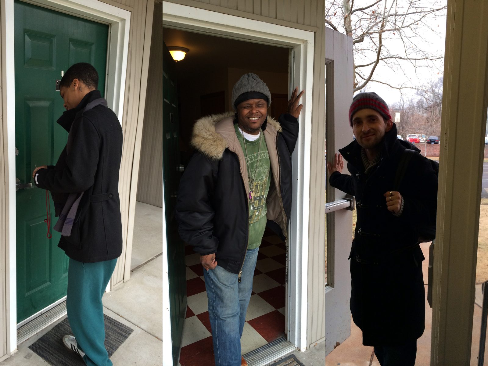 Three DOORWAYS residents at their own doors: a young man unlocking a green front door, a smiling man leaning in an open doorway, and a man holding open a glass door on a cold day.